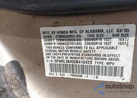 2005 Honda Odyssey Ex z USA, uszkodzony, nr VIN 5FNRL38455B410423